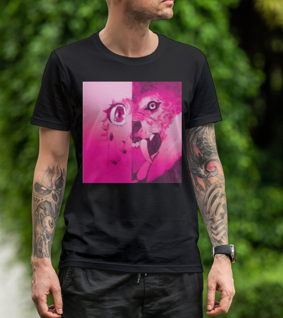 Dead On The Scene Wolf And Anime Girl Pink Contrast T-Shirt