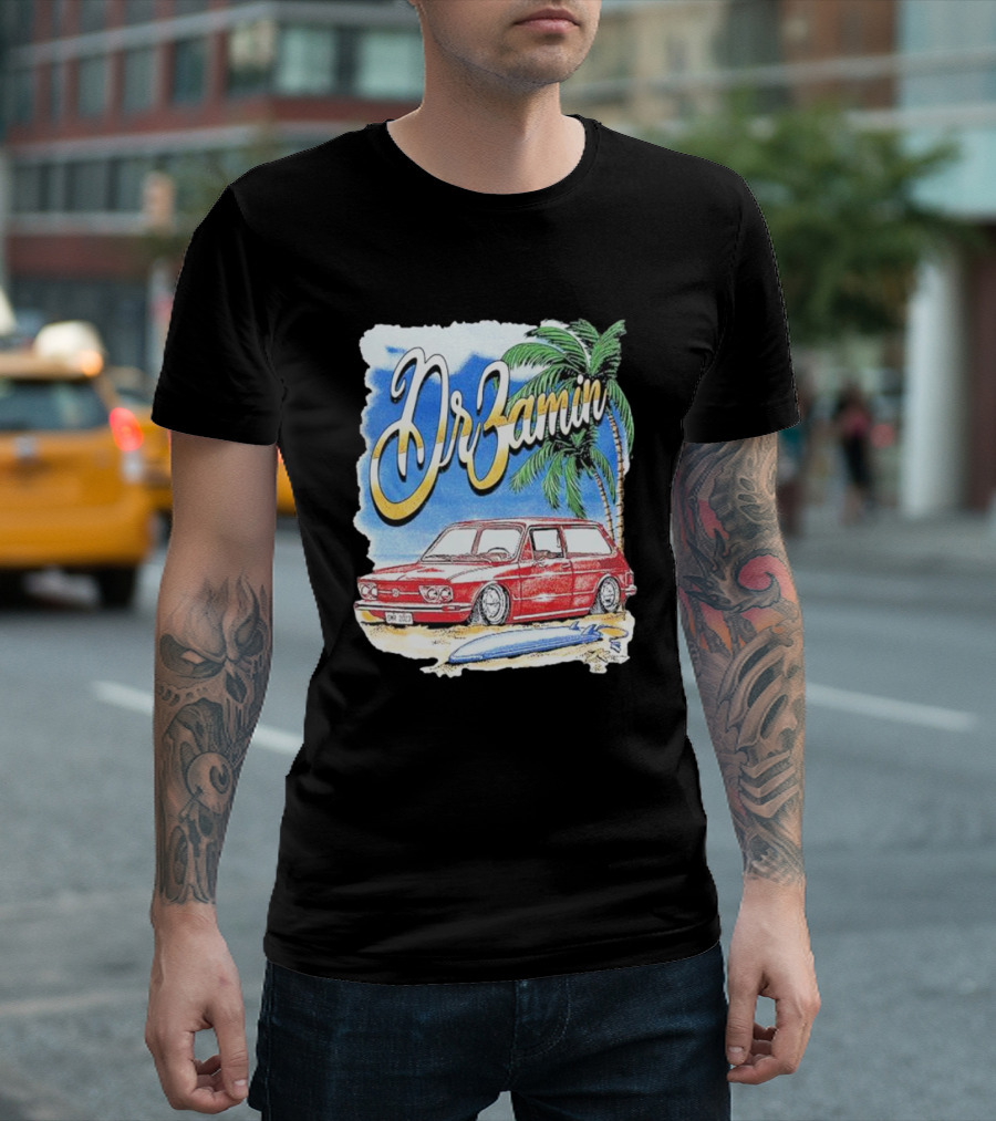DrZamin Red Car Tropical Beach Scene with Palm Trees Surfboard T-Shirt