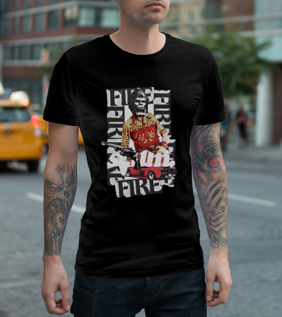 Scum Fire With Gorilla Holding Gun And Fire Text Over Red Car T-Shirt