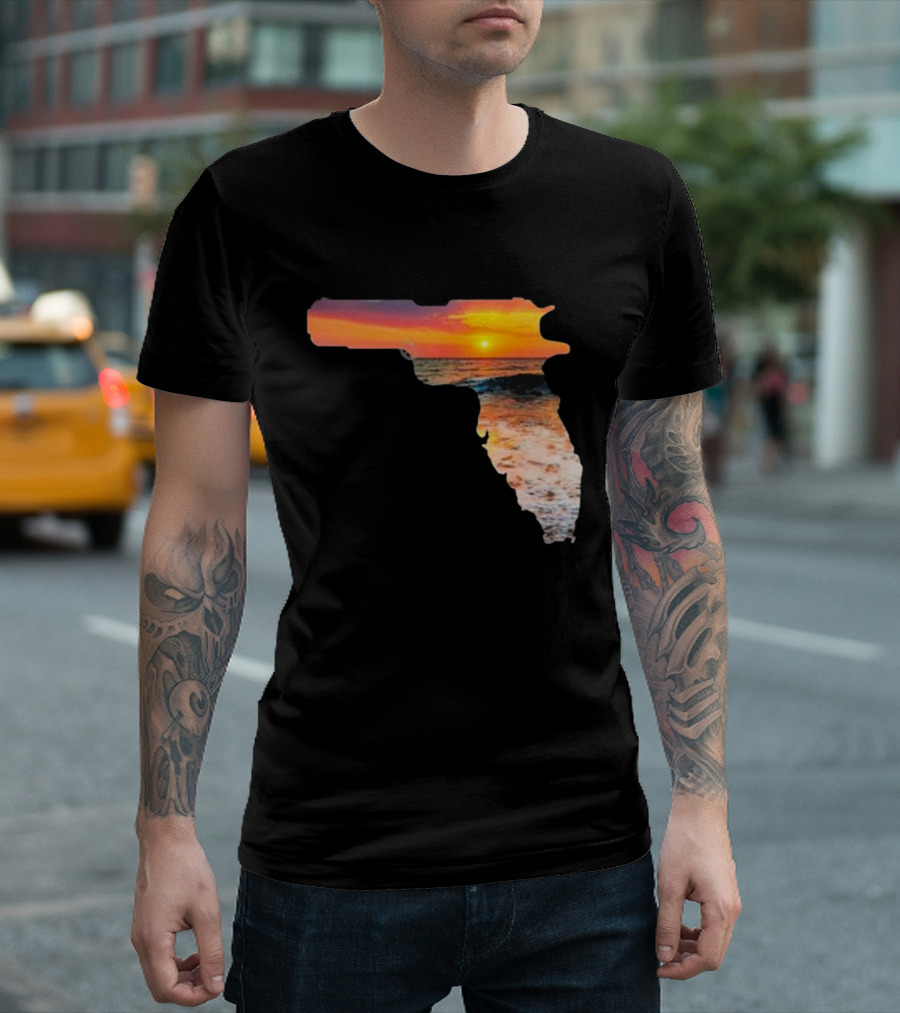 Florida The Gunshine State Gun Map Sunset Beach Scene T-Shirt
