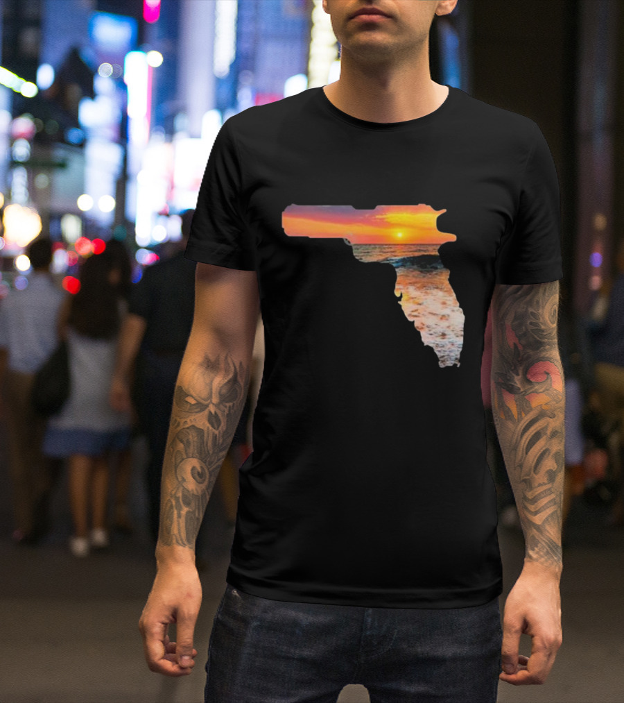 Florida The Gunshine State Gun Map Sunset Beach Scene T-Shirt