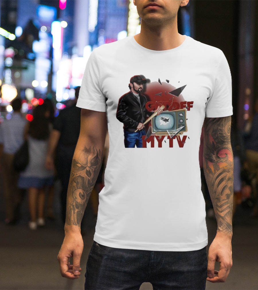 Get Off My TV Baseball Bat Vintage TV Shattered Screen T-Shirt