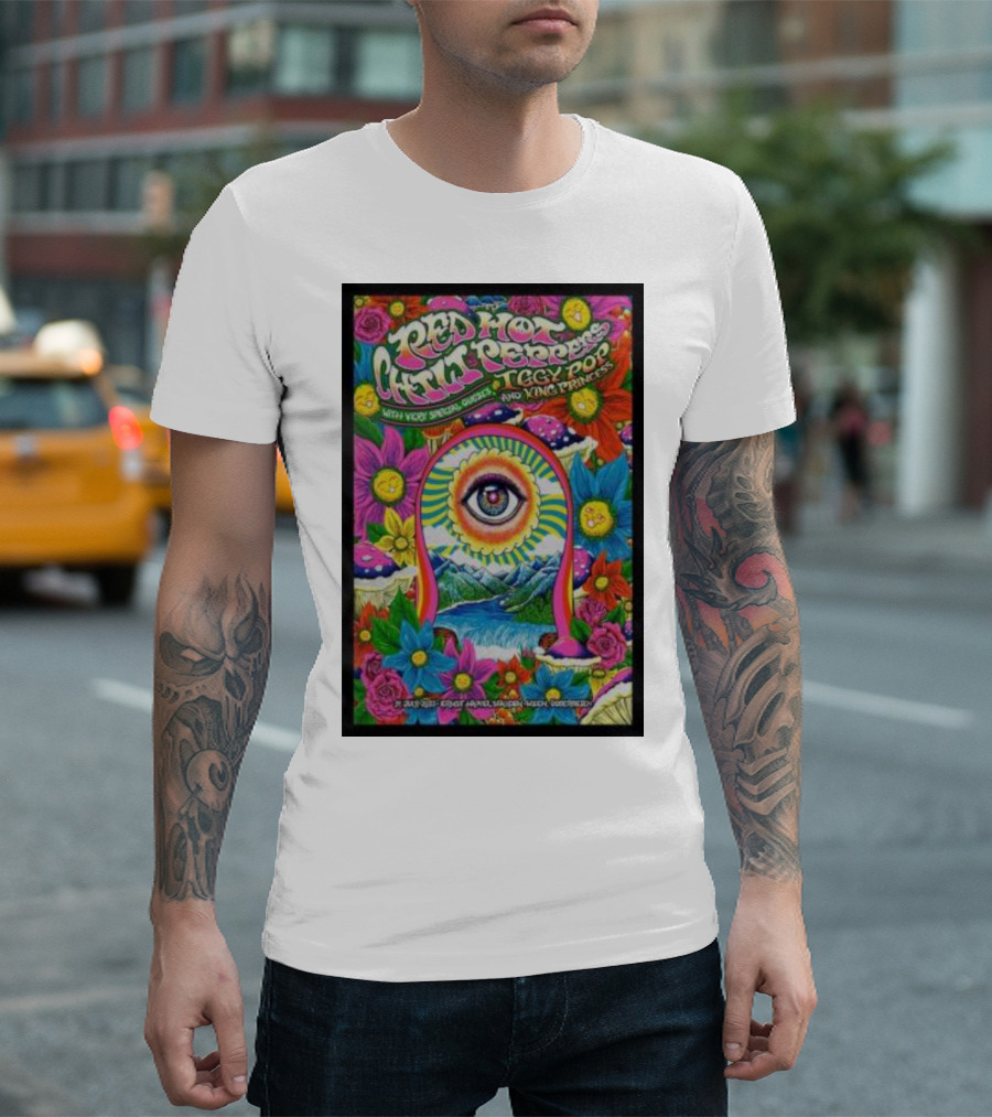 Red Hot Chili Peppers July 14 Vienna Poster Eye Surrounded by Psychedelic Flowers and Mountains T-Shirt
