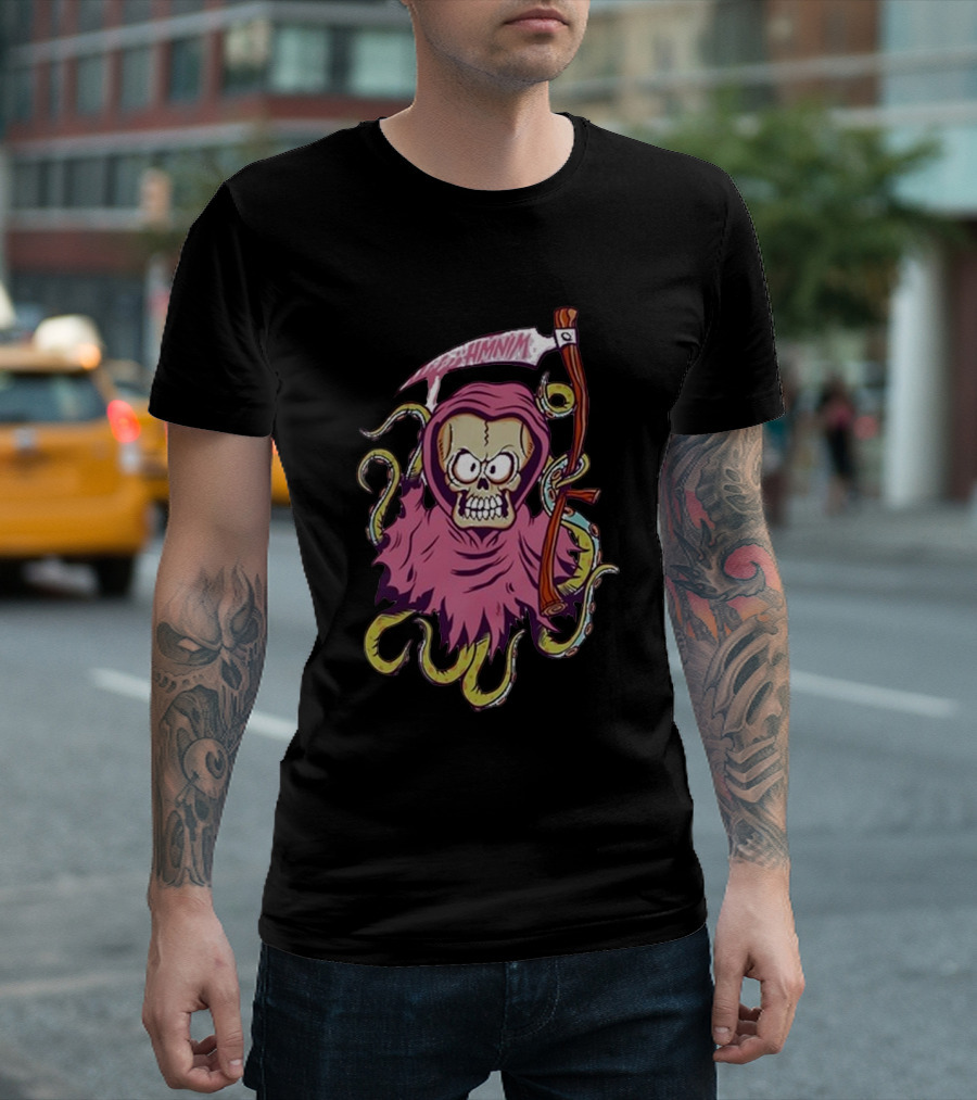 Pink Skull Hooded Grim Reaper with Scythe and Tentacles Hoppus Text T-Shirt
