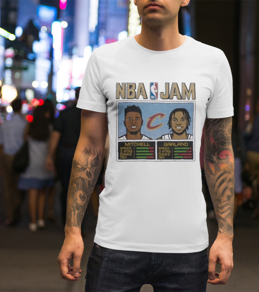 NBA Jam Cavs Mitchell Garland Retro Video Game Style Stats T-Shirt