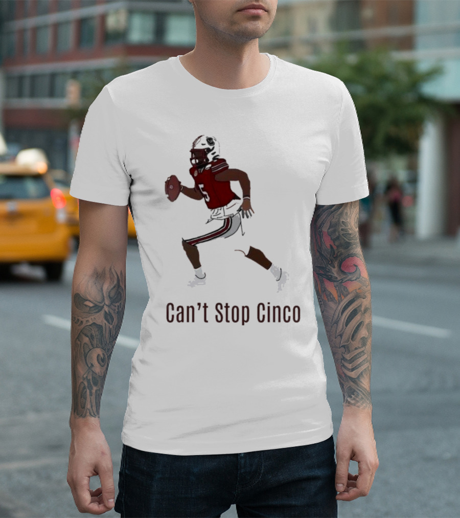 Can't Stop Cinco Football Player in Red and Black Uniform T-Shirt