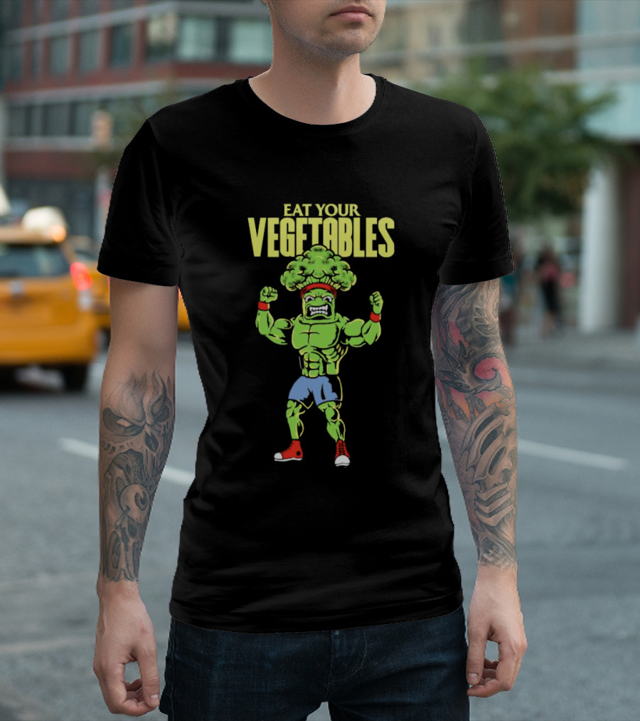 EAT YOUR VEGETABLES Broccoli Bodybuilder in Red Sneakers T-Shirt