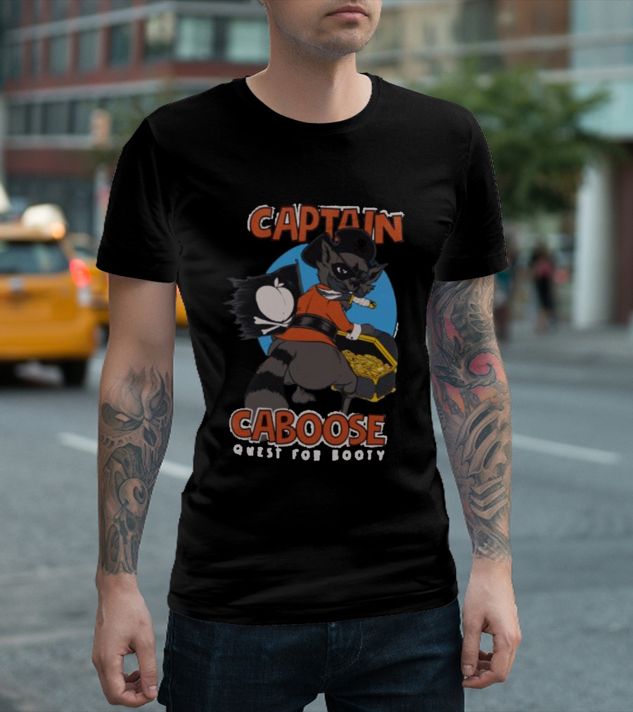Captain Caboose Quest for Booty Treasure Adventure Raccoon Pirate T-Shirt