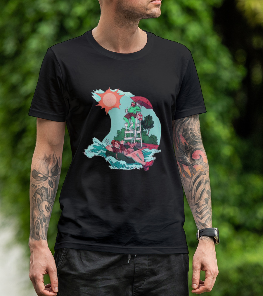Wubby Relaxing Poolside With Lifeguard On Duty Under Vibrant Sun Umbrella T-Shirt