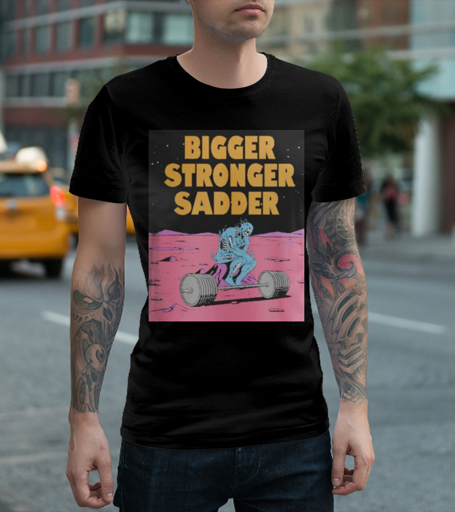 Bigger Stronger Sadder Raskol Skeleton Lifting Weights on Alien Landscape T-Shirt