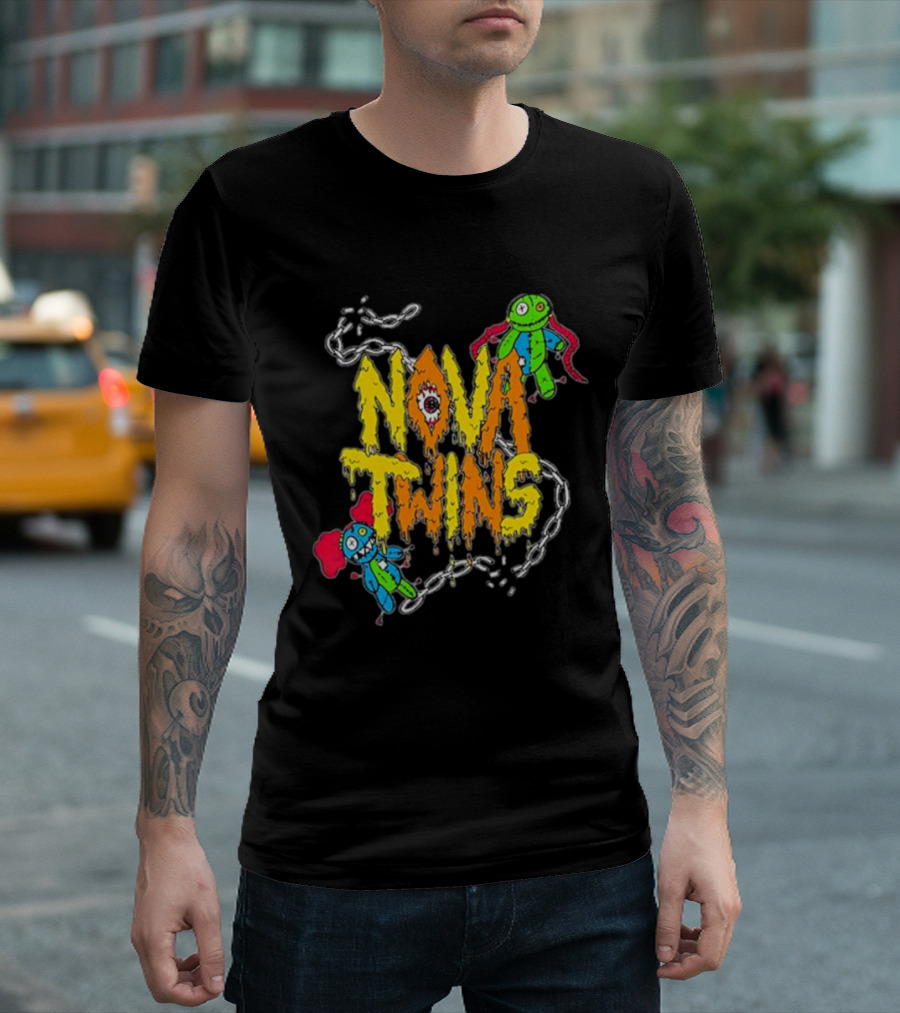 Nova Twins Voodoo Dolls with Chains and Colorful Characters T-Shirt