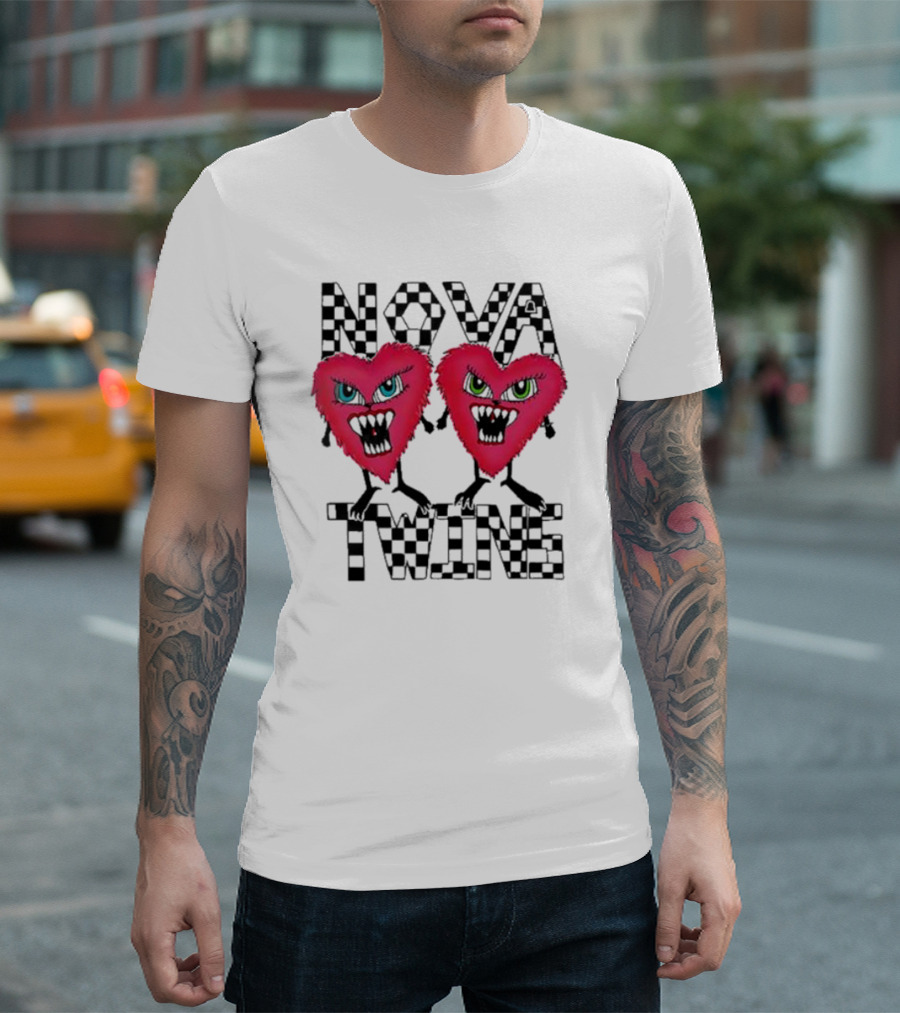NOVA TWINS Red Heart Monsters with Checkerboard Text T-Shirt