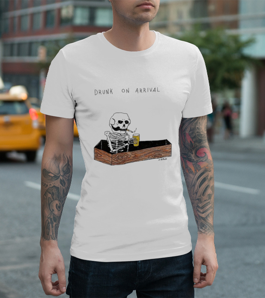 Skeleton Drunk On Arrival Coffin Bar By M.Gray T-Shirt