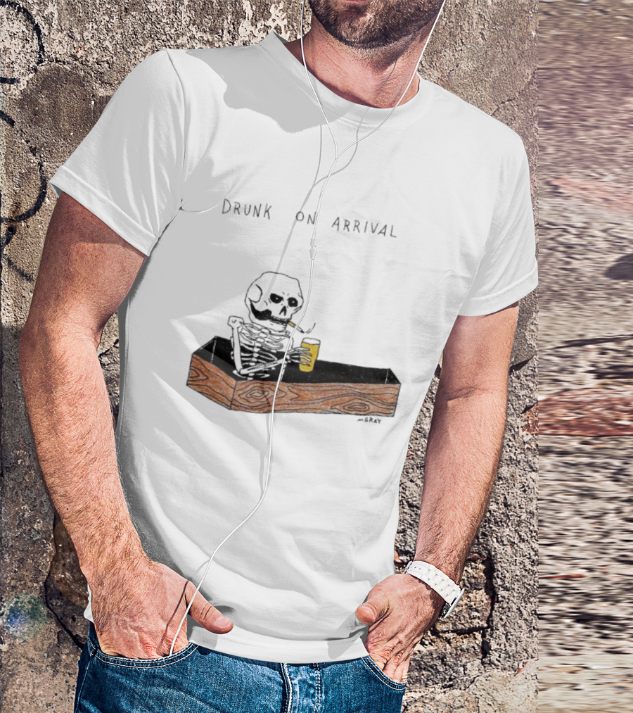 Skeleton Drunk On Arrival Coffin Bar By M.Gray T-Shirt