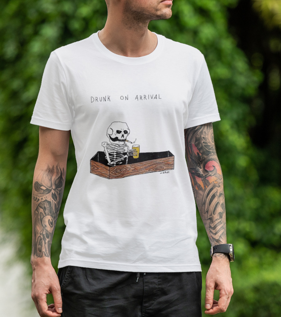 Skeleton Drunk On Arrival Coffin Bar By M.Gray T-Shirt