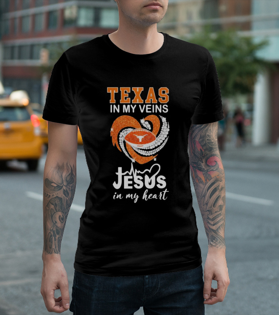 Texas in My Veins Jesus in My Heart Football Diamond T-Shirt