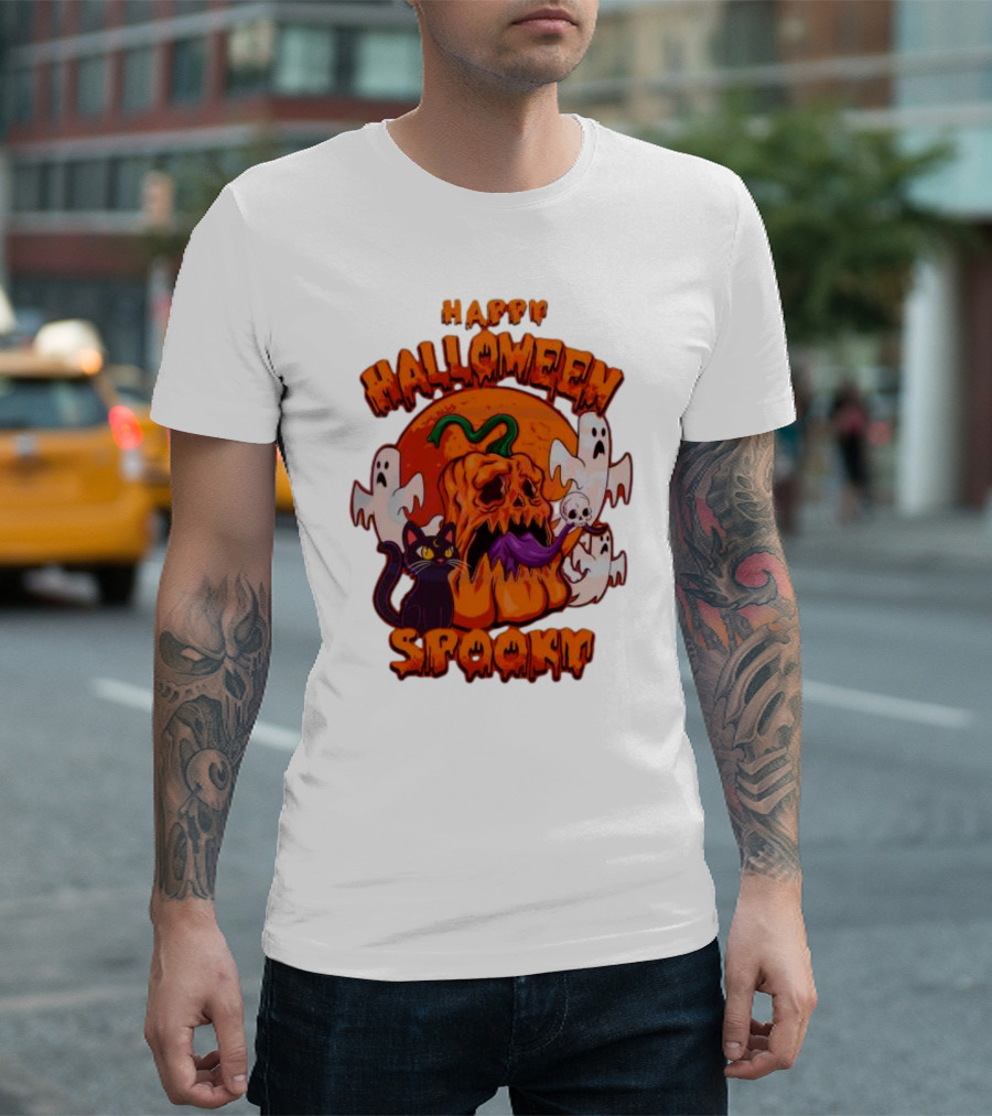 Happy Halloween Spooky Horror Pumpkin Ghosts Black Cat T-Shirt