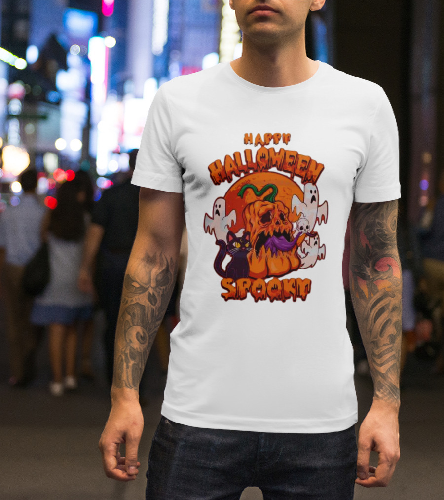 Happy Halloween Spooky Horror Pumpkin Ghosts Black Cat T-Shirt
