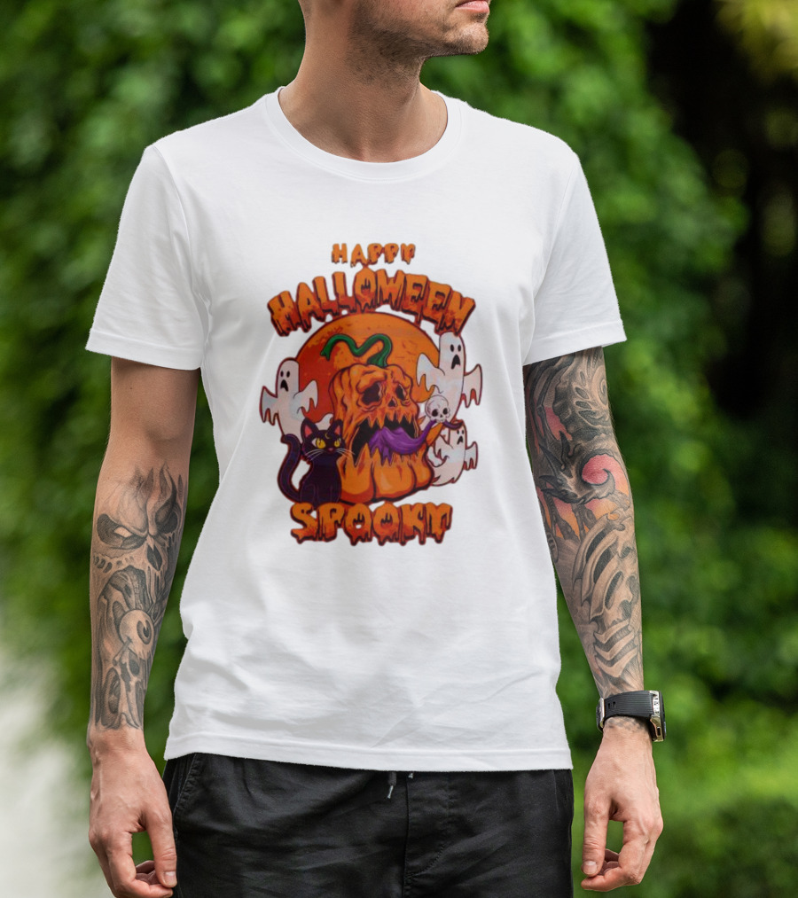 Happy Halloween Spooky Horror Pumpkin Ghosts Black Cat T-Shirt