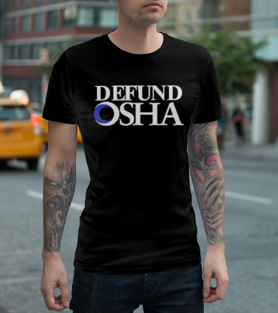Barelylegal Defund OSHA White Text Blue Circle T-Shirt