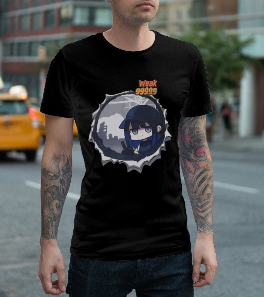 Weak 99999 Manga Anime Peace Sign Character in Dark Urban Scene T-Shirt