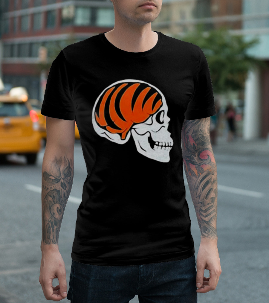 Goodberry Bengals Brain Skull With Orange Tiger Stripes T-Shirt