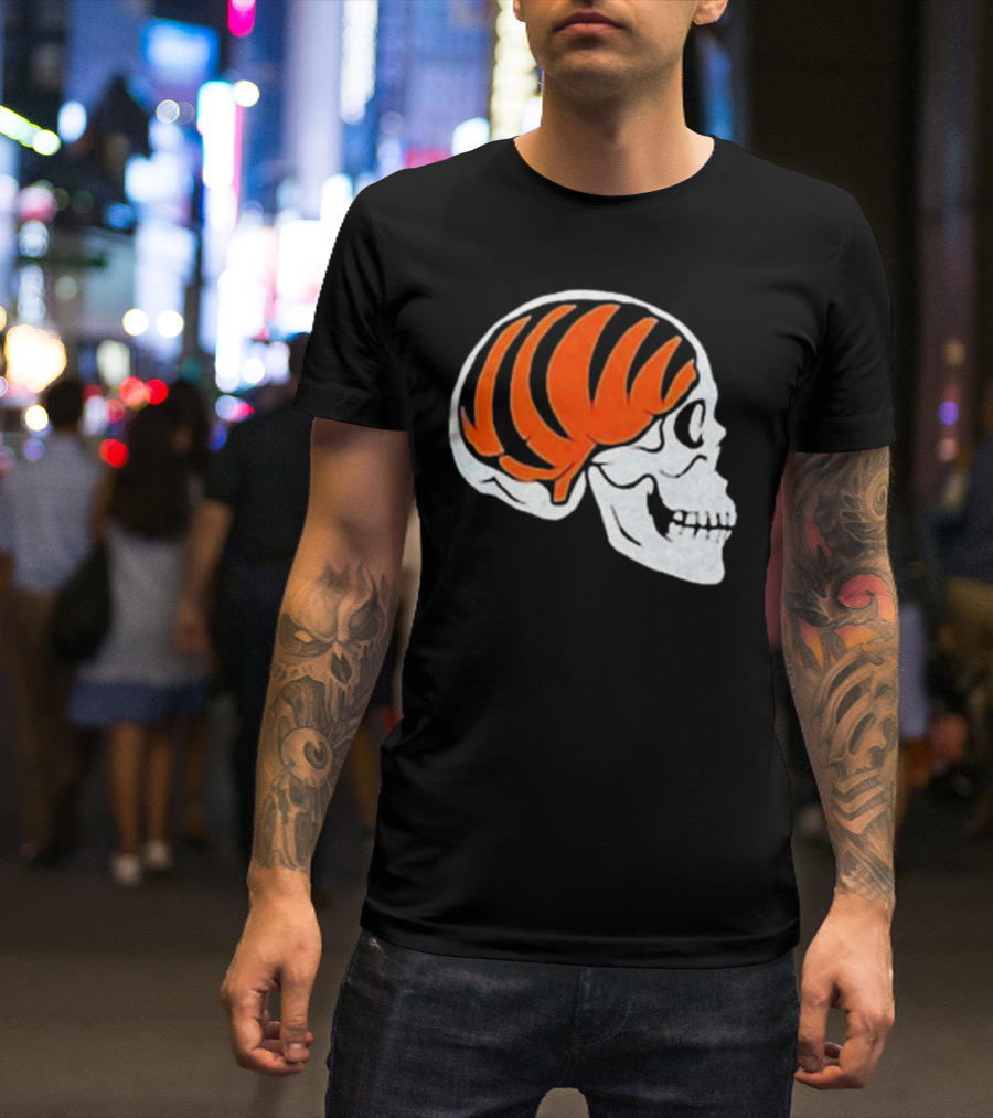 Goodberry Bengals Brain Skull With Orange Tiger Stripes T-Shirt
