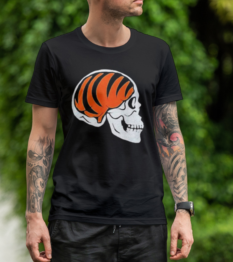 Goodberry Bengals Brain Skull With Orange Tiger Stripes T-Shirt