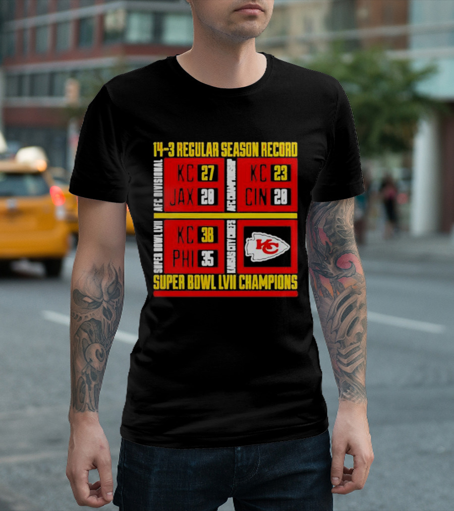 Kansas City Chiefs 14-3 Regular Season Record AFC Divisional AFC Championship Super Bowl LVII Champions T-Shirt