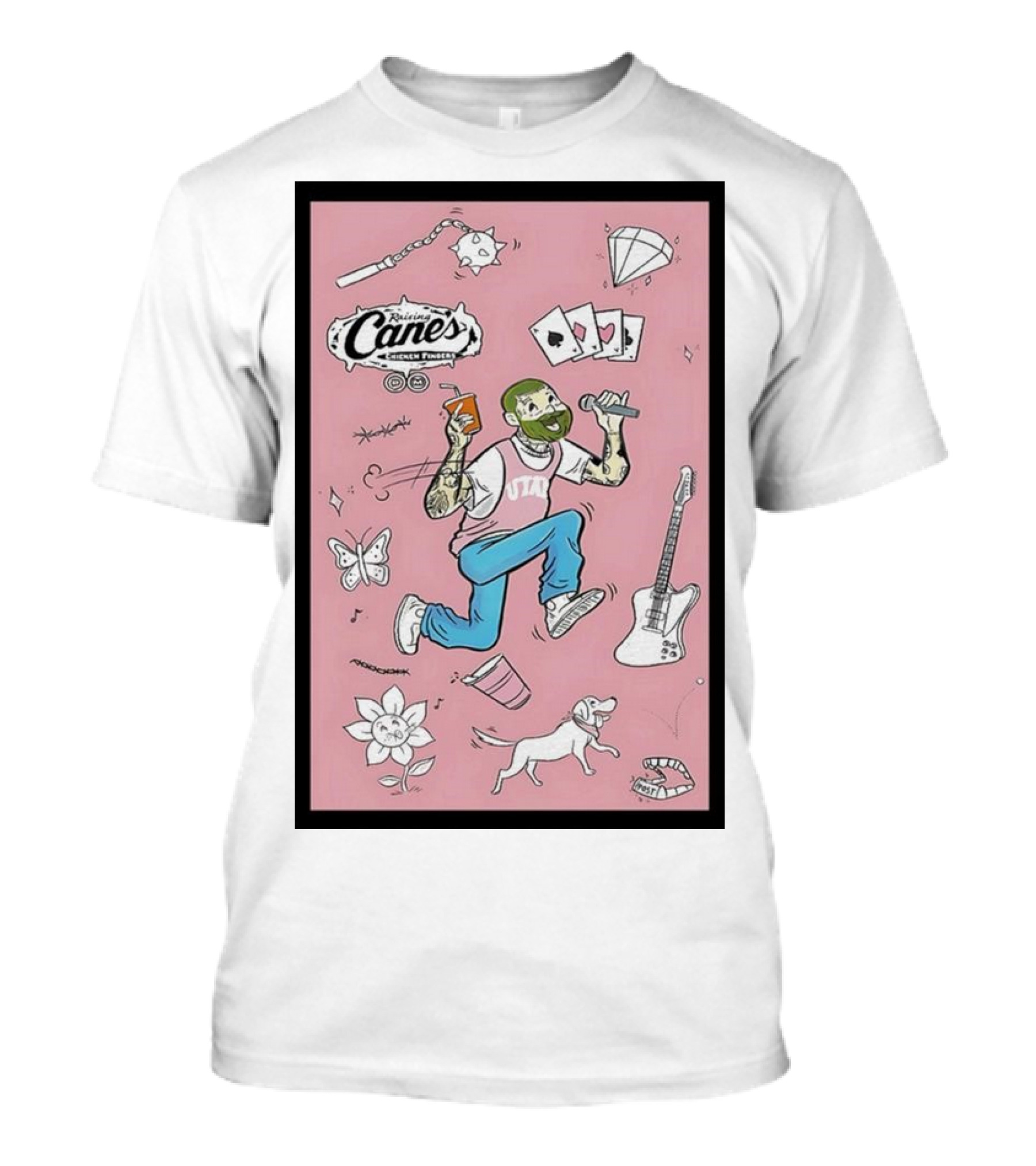 Raising Cane’s Chicken Fingers Post Malone Collector’s Cup Utah Guitar Butterfly Dog T-Shirt