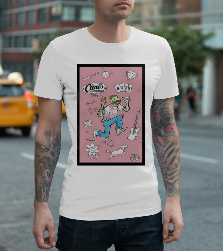 Raising Cane’s Chicken Fingers Post Malone Collector’s Cup Utah Guitar Butterfly Dog T-Shirt