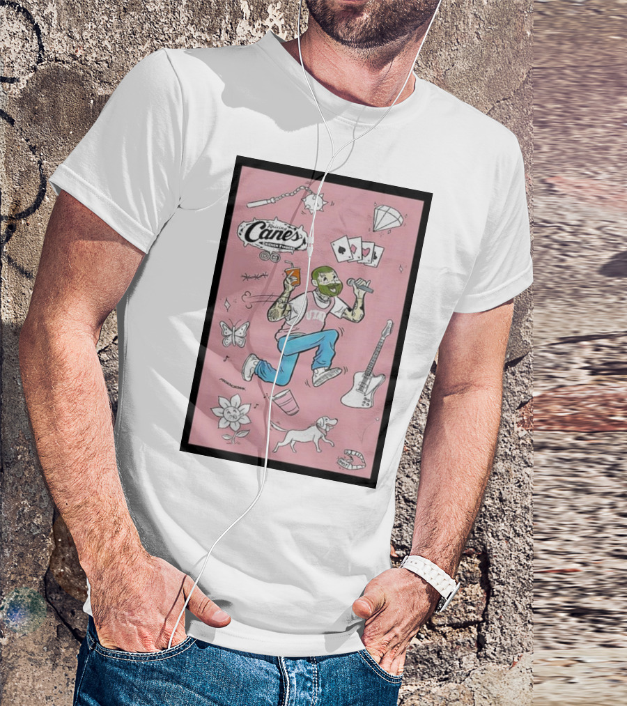 Raising Cane’s Chicken Fingers Post Malone Collector’s Cup Utah Guitar Butterfly Dog T-Shirt