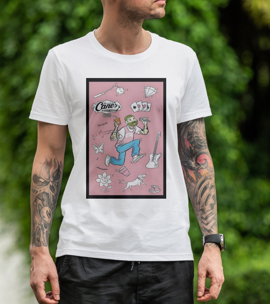 Raising Cane’s Chicken Fingers Post Malone Collector’s Cup Utah Guitar Butterfly Dog T-Shirt