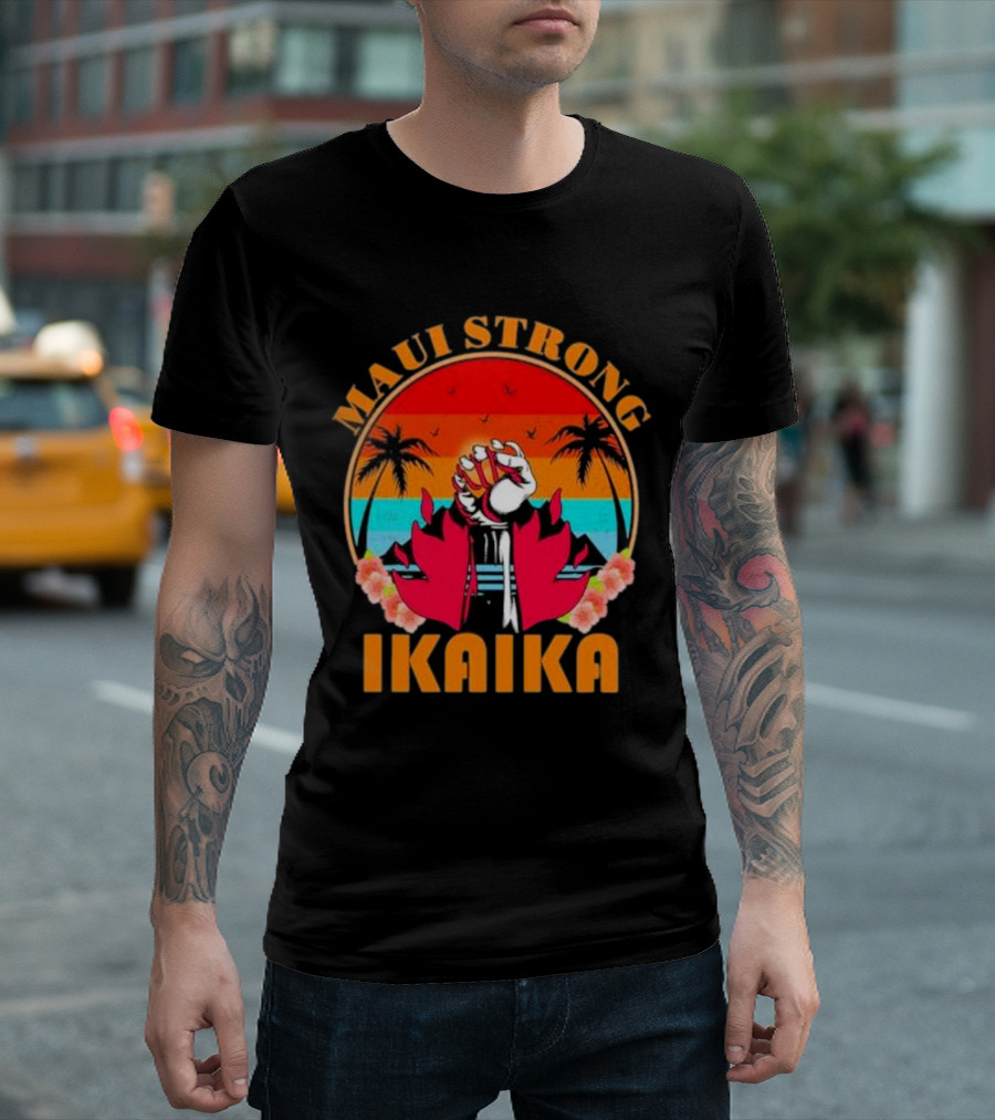 Maui Strong Ikaika Fist Palm Trees Sunset Scene T-Shirt