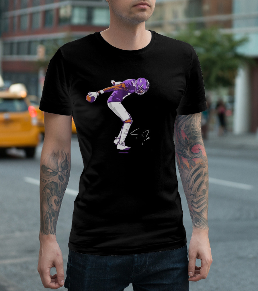 Justin Jefferson Football Superstar Pose in Purple and White T-Shirt