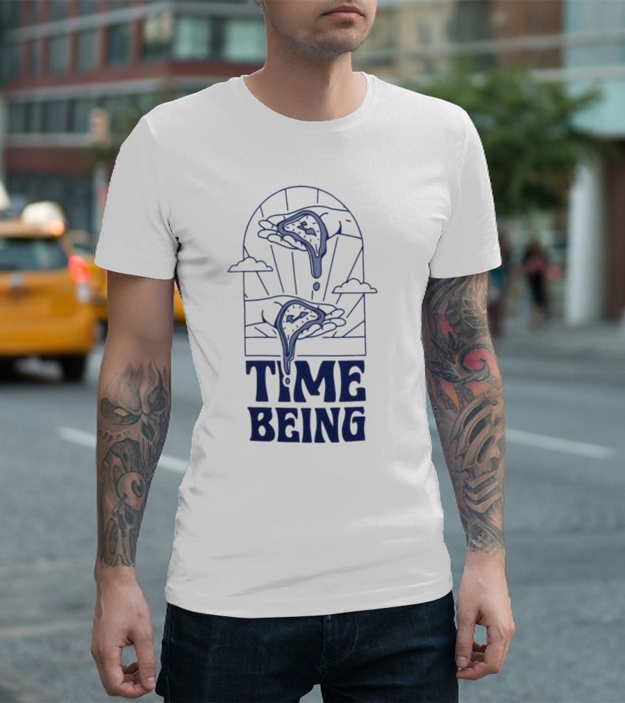 Time Being Dripping Clocks in Hands with Clouds T-Shirt