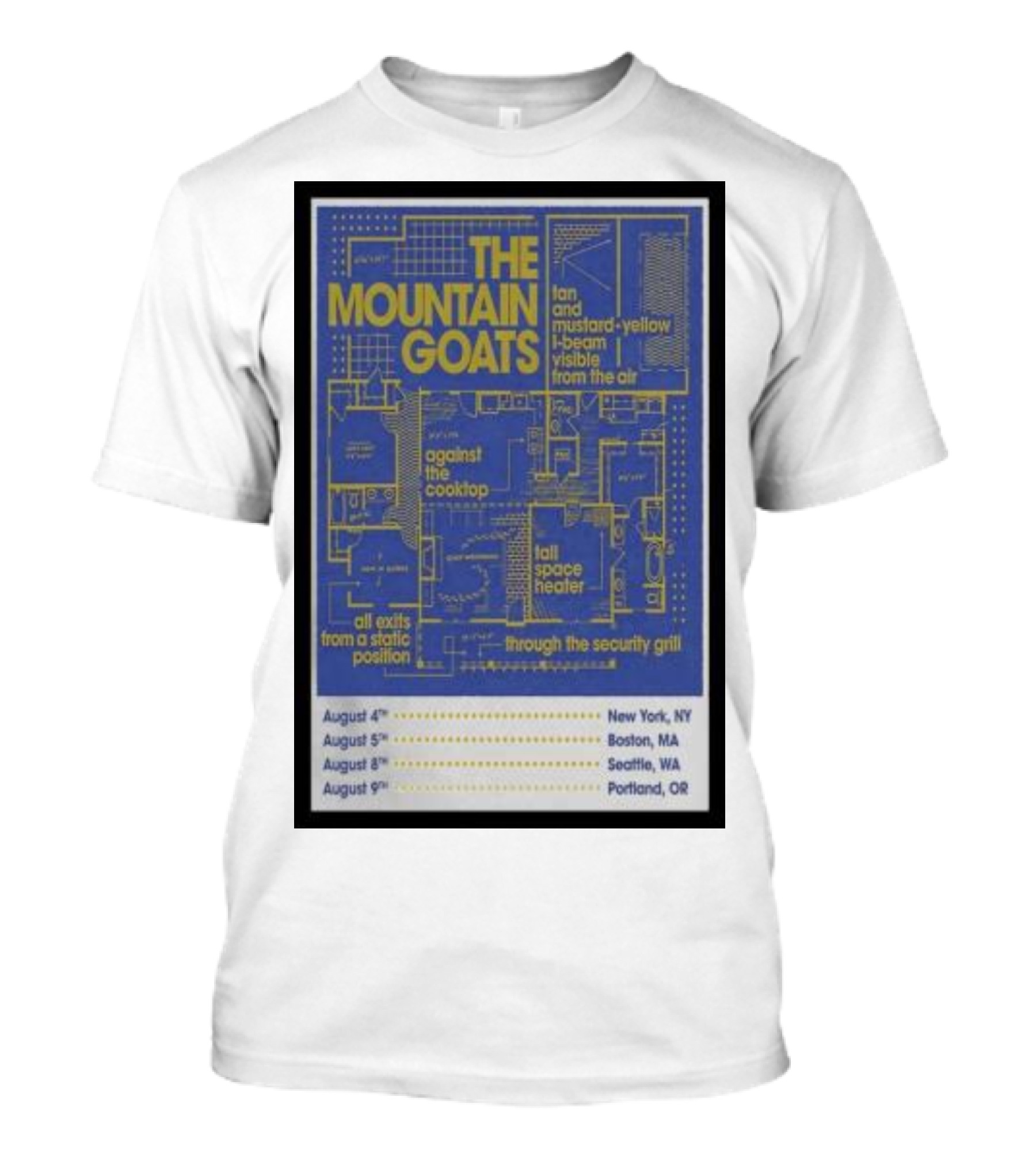 The Mountain Goats August Tour New York Boston Seattle Portland Blueprint T-Shirt