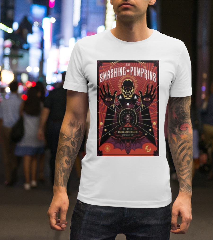 The Smashing Pumpkins August 1 USANA Amphitheatre West Valley City Concert Poster Art Stars Bat Moon T-Shirt