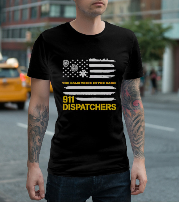 911 Dispatchers The Calm Voice In The Dark With Emergency Symbols And Distressed American Flag T-Shirt
