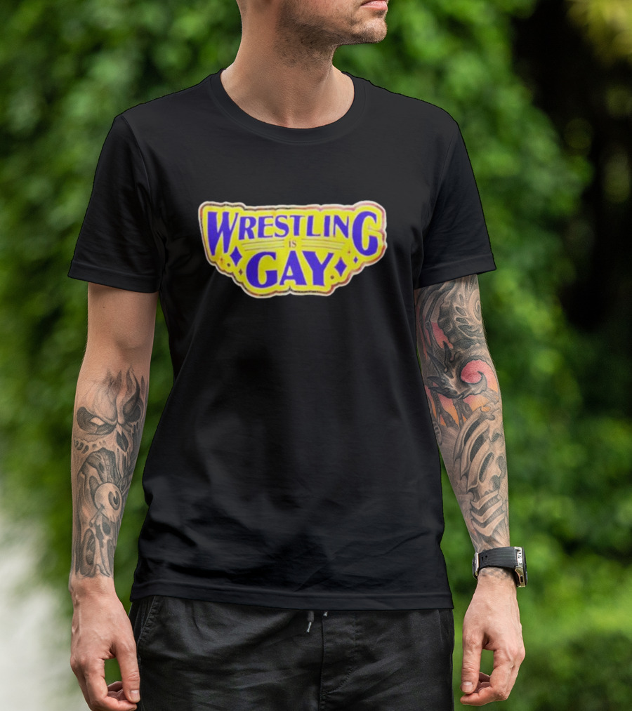 Wrestling Is Gay Emblem Bold Yellow And Purple Text T-Shirt