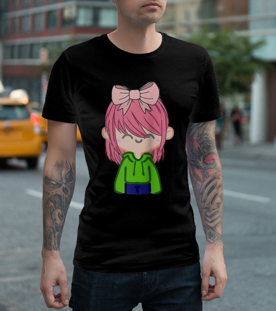 alli Cat Pink Hair Girl Green Hoodie Bow Raglan Baseball T-Shirt