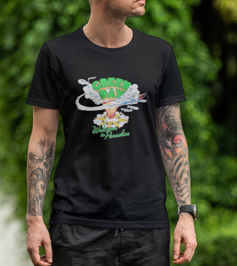 Green Day Welcome To Paradise Explosive Cartoon Art Airplane Cloud T-Shirt