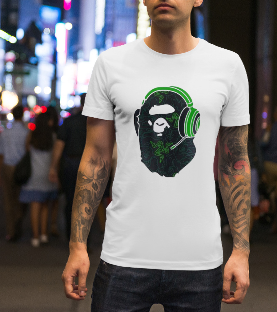 Bape X Razer Neon Camo Ape Head With Green Gaming Headset T-Shirt