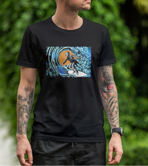 Maedenart Ghost Evil Surfer Riding Wave With Blue Turbulence T-Shirt