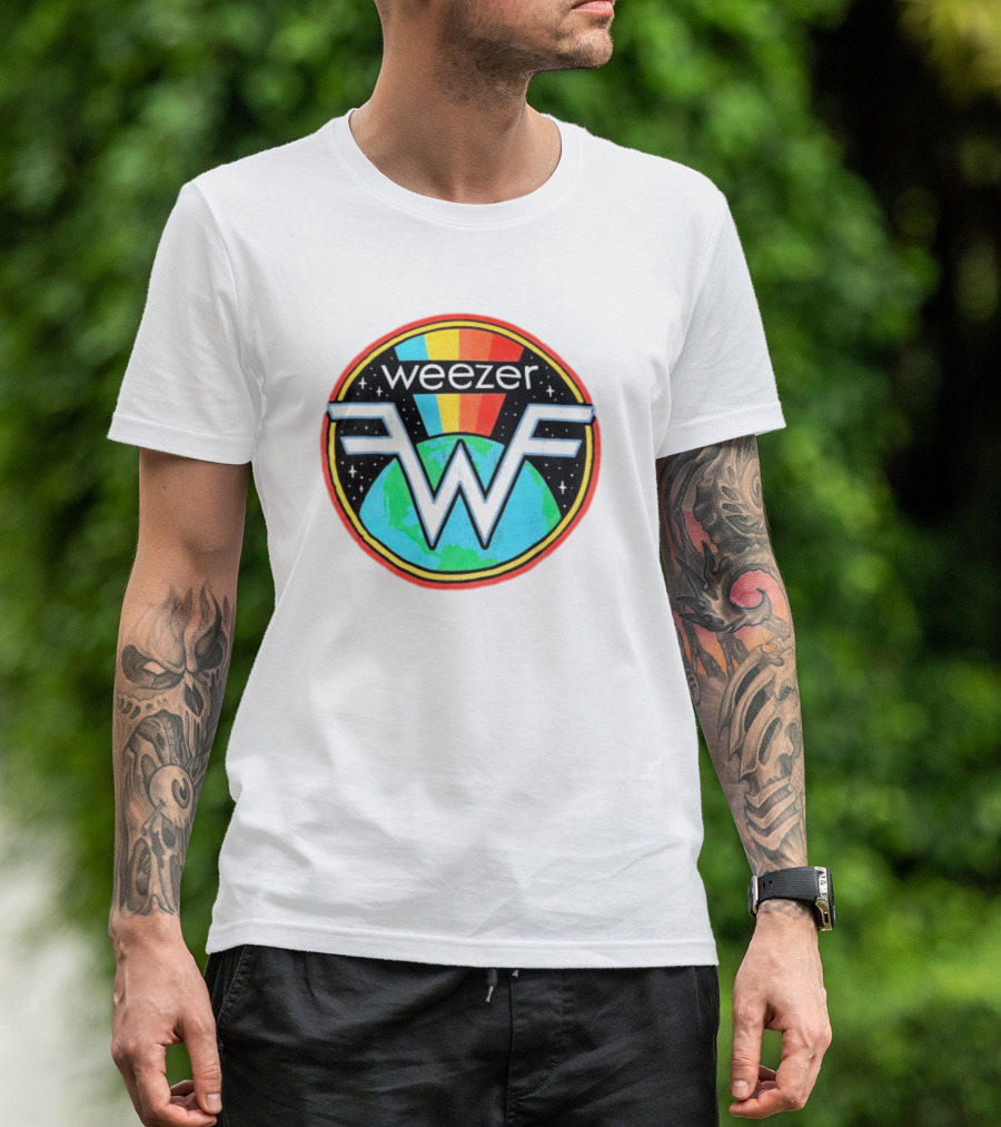 Weezer WF Earth Rainbow Alternative Rock Planet Badge T-Shirt