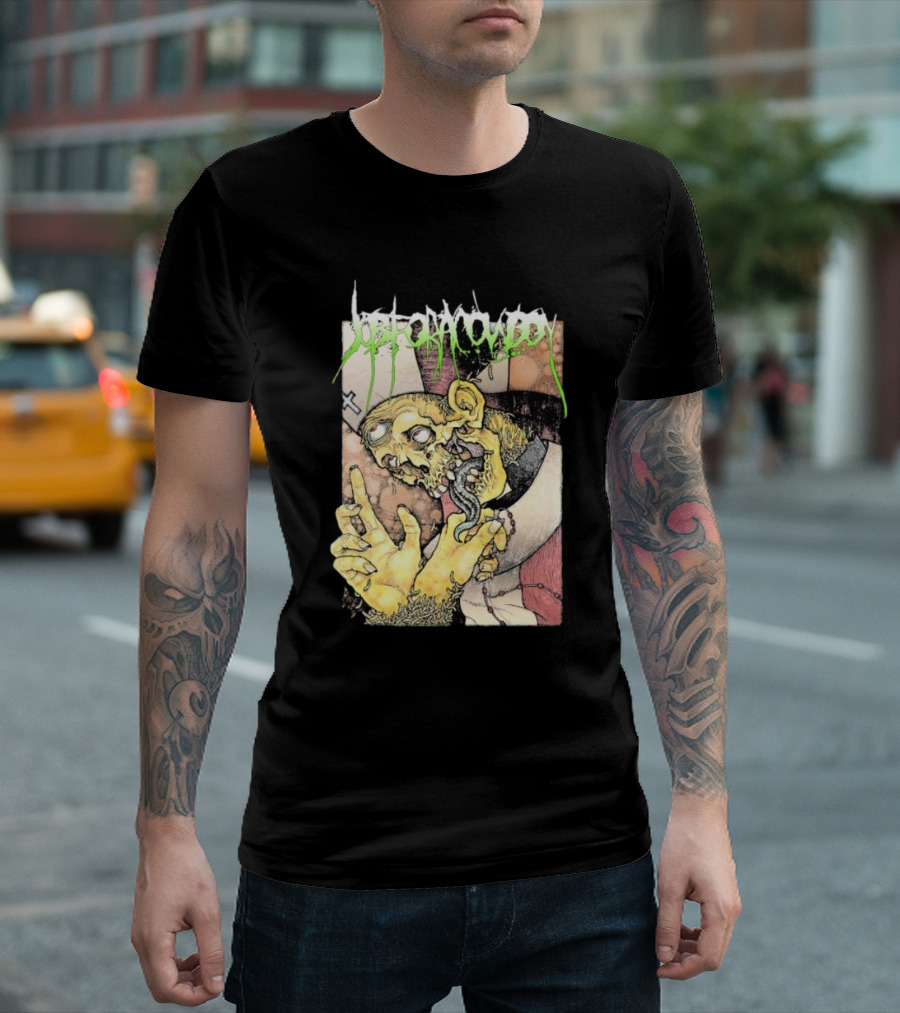 Job For A Cowboy Priest Zombie Graphic with Cross and Rosary T-Shirt
