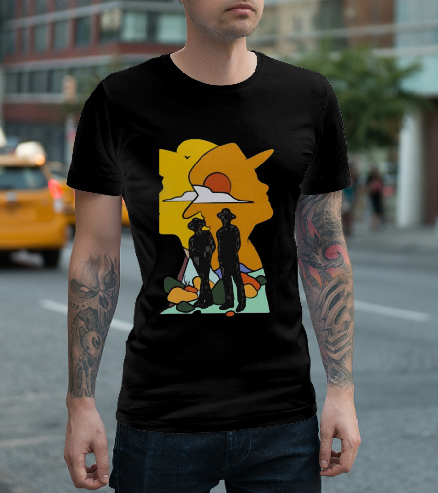 Custom Radio Company Cowboy Silhouettes Against Sunset and Mountains T-Shirt