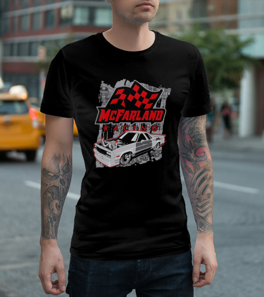 McFarland Racing Cleetus Mullet Turbocharged Car and Checkered Flag T-Shirt