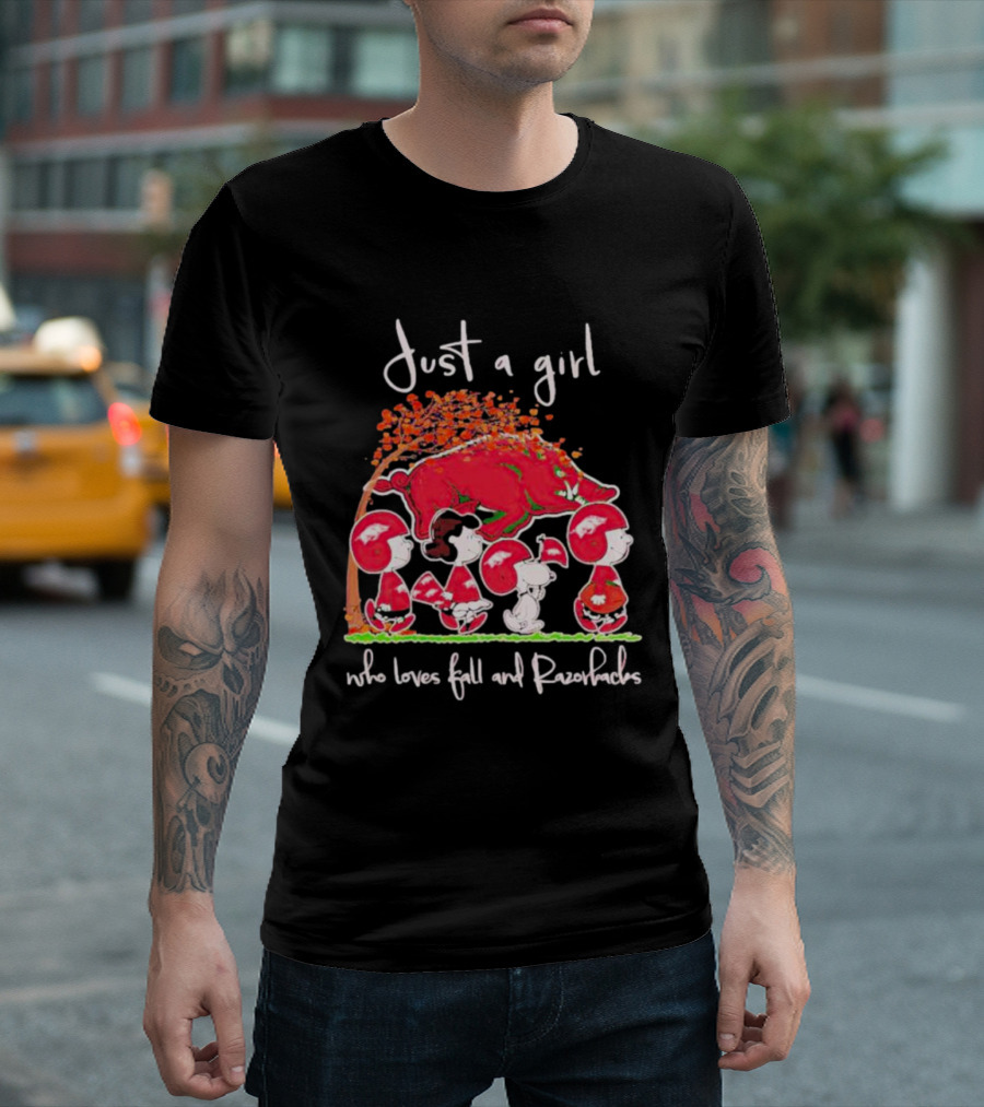 Just a Girl Who Loves Fall and Razorbacks with Peanuts Characters Under Autumn Tree T-Shirt