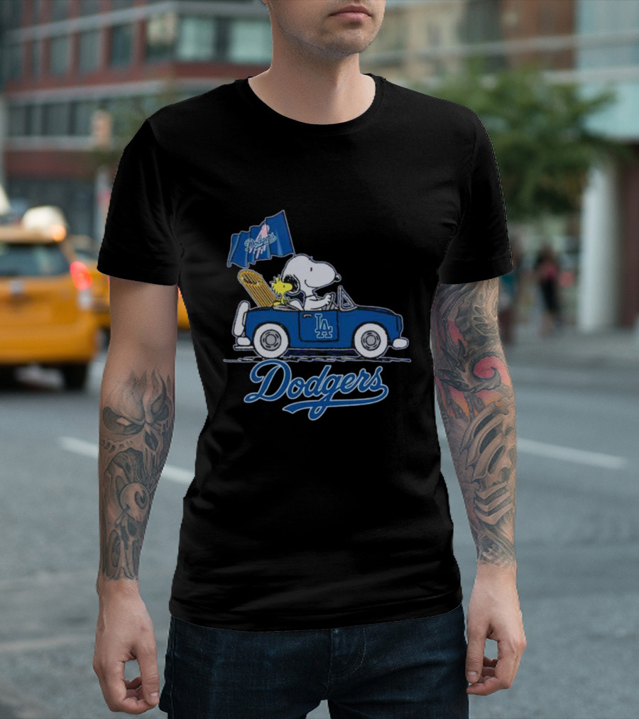 Snoopy and Woodstock Driving LA Dodgers Car with Flag T-Shirt